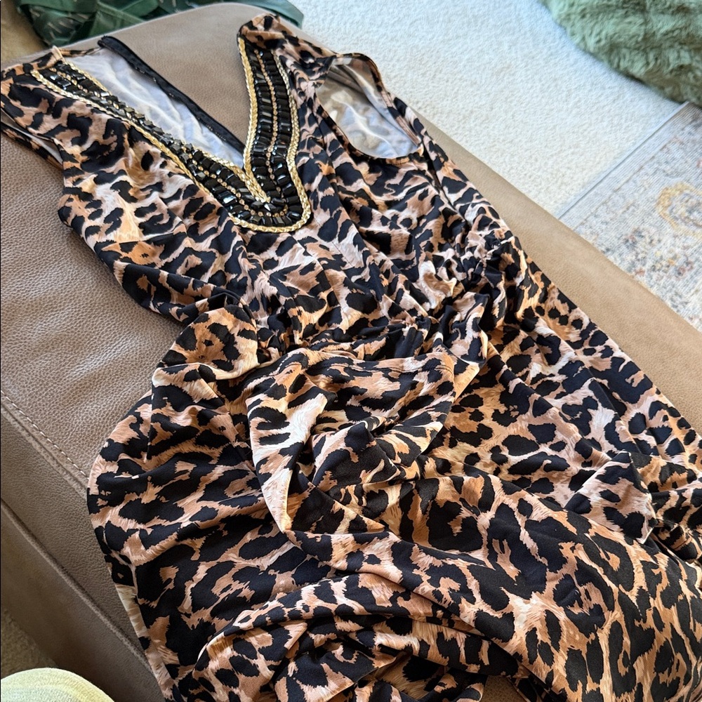IMAN Backless Leopard Print Dress with Gold Accents
